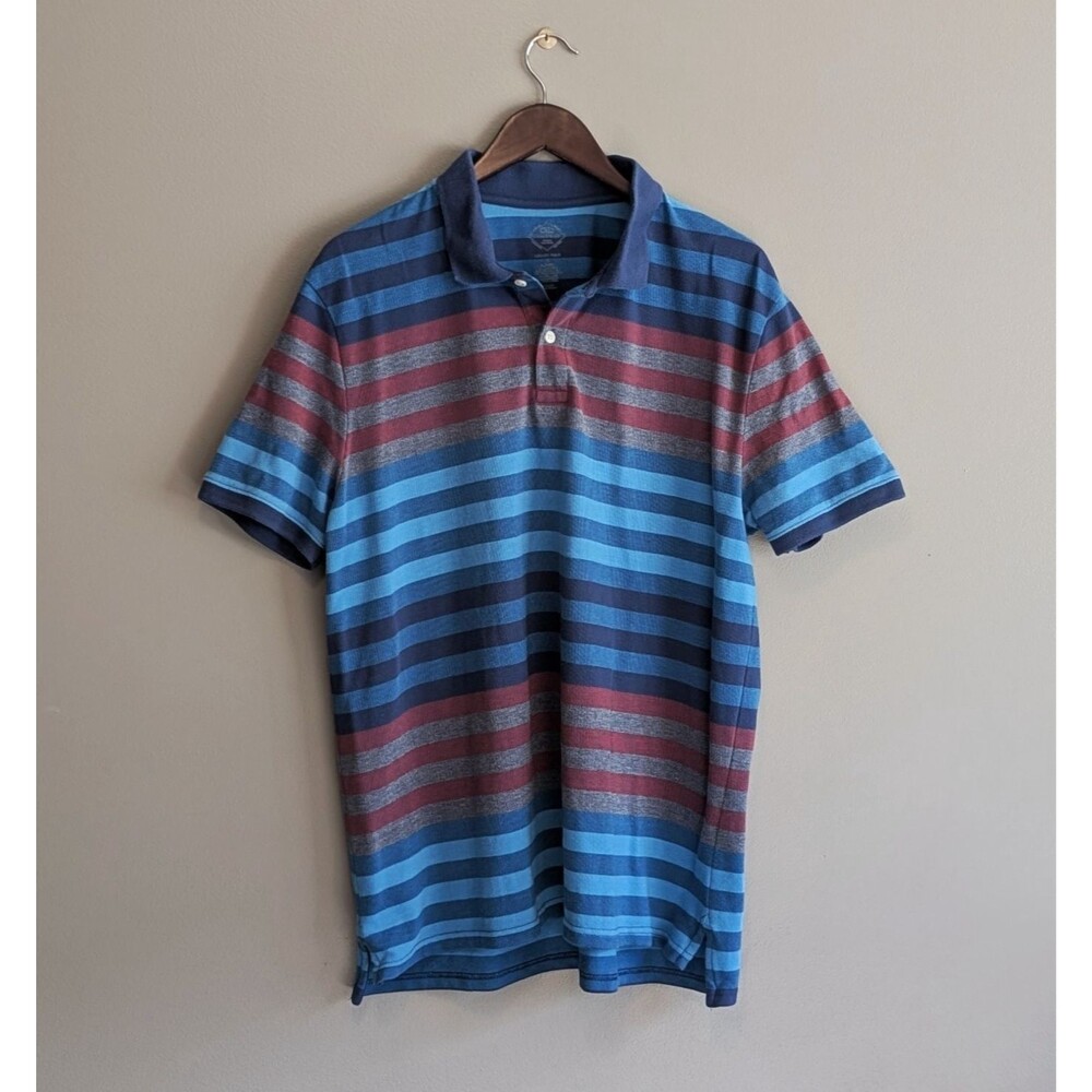 St. John's Bay Mens Polo Shirt Large L Striped Blue Red Grey Short Sleeve Cotton